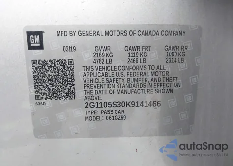 2019 Chevrolet Impala Premier z USA, uszkodzony, nr VIN 2G1105S30K9141466